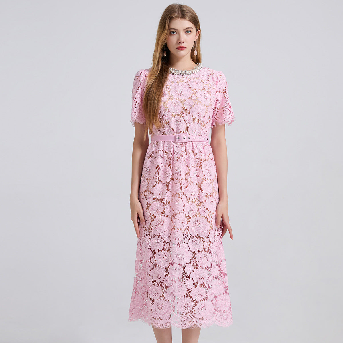 Lace Crew-Neck Beaded High-Waisted Defined-Waistline Dress