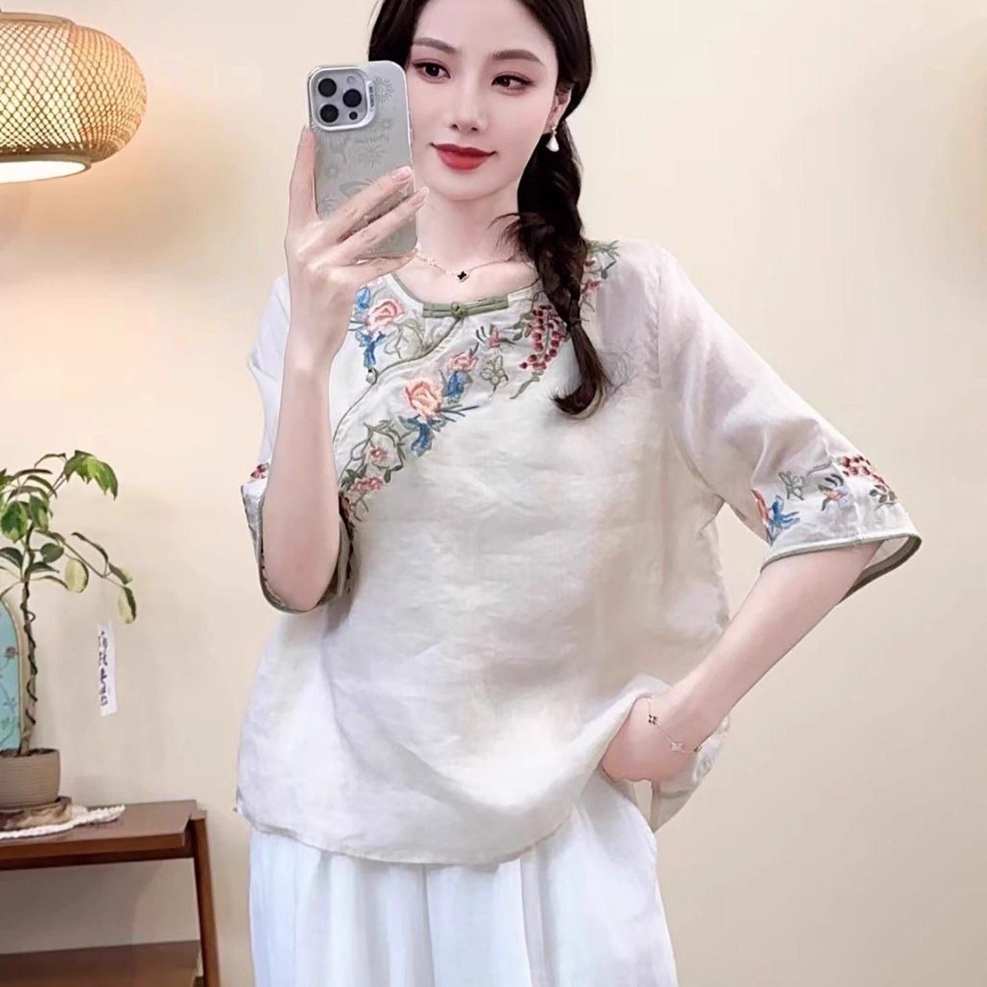 Women's Embroidered Button Cotton-Linen Short-Sleeve ShirtThree-Quarter Sleeve Top