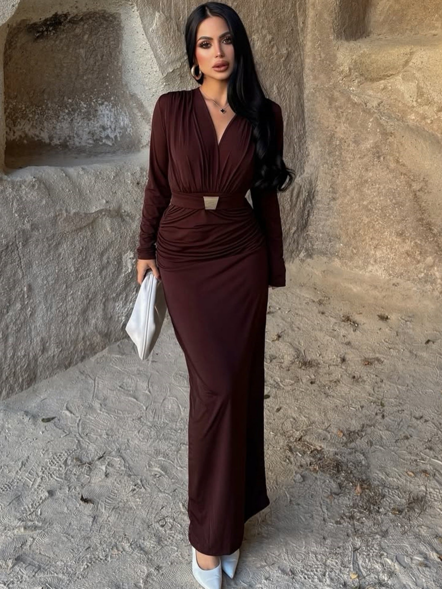 Elegant Embellished Belt Deep-V Long-sleeve Autumn Dress