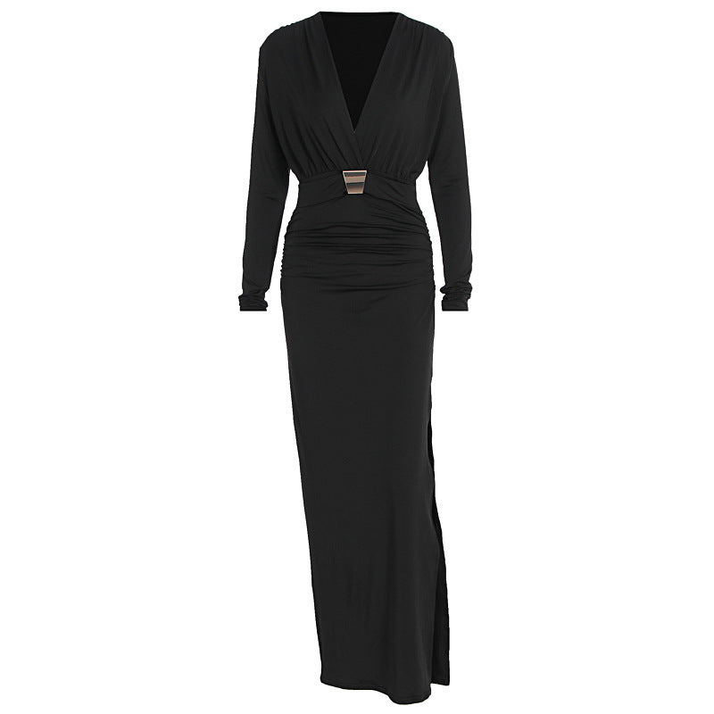 Elegant Embellished Belt Deep-V Long-sleeve Autumn Dress