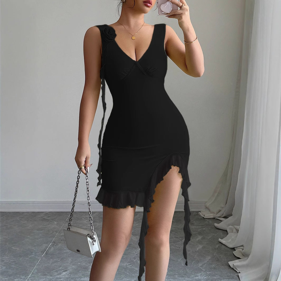 Womens Solid-Color Casual Floral-Trim Dress