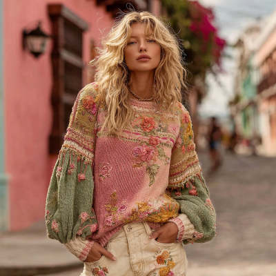 Womens Fashionable Casual 3D-Printed Loose Crew-Neck Pullover Long-Sleeve Sweater